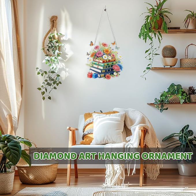 MEIYUDA Book Flowers Diamond Art Hanging Kits for Adult, Flowers Books Diamond Painting Hanging Kits Ornaments, DIY Special Shaped Rhinestone Window Pendants Kit for Home Garden Wall Decor Gift