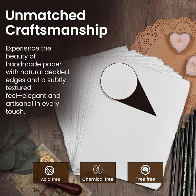 LEATHER VILLAGE Watercolor Paper - 6 X 4 inches, 50 Sheets - Mixed Media Watercolor Paper - 150 GSM Thick Deckle Edge Virgin Cotton Handmade Paper - Off White