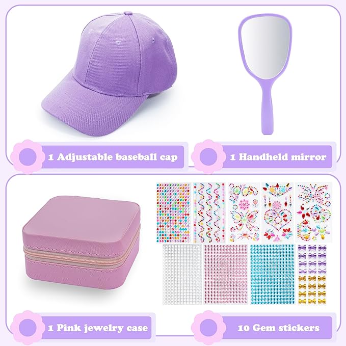 Christmas Gifts for Girls Decorate Your Own Baseball Cap with 10 Sheets Gem Stickers, DIY Arts and Crafts Kit for Kids 4 5 6 7 8 9 10 11 12 Years Old, Girls Handheld Mirror Jewelry Case (Purple)