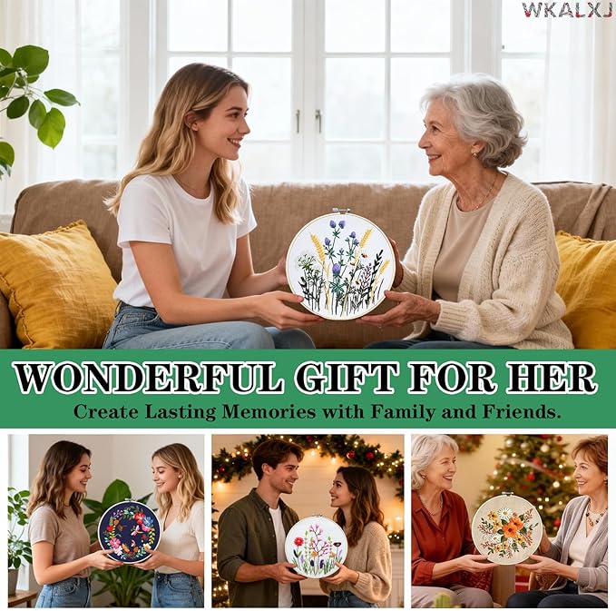 WKALXJ 4 Sets Embroidery Kits for Beginners Cross Stitch Kits Needlepoint Kits Crafts for Adults with Tools, Threads, Instructions, Needle Point Kits with Flower Stamped Patterns (Flowers A)