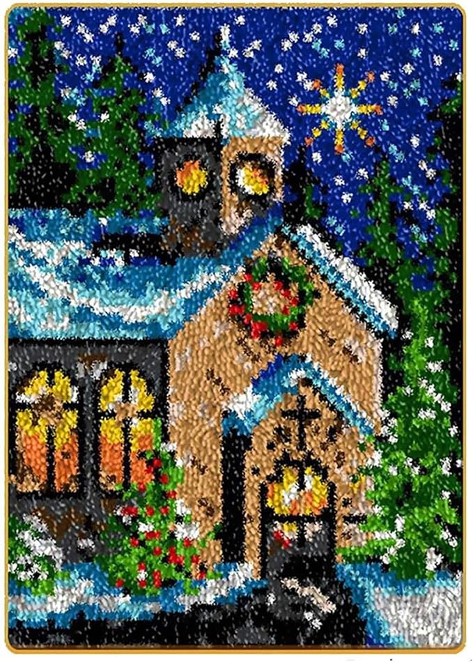 MIAOLLUN Christmas Latch Hook Kit for Adults Beginner, Church DIY Crochet Yarn Rugs Hooking Craft Needlework Kit with Color Preprinted Pattern for Home Decoration Festival Gift 20X15inch