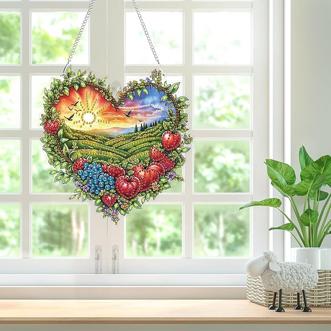 Bowetile Heart Shape Diamond Art Hanging Fruit Kits for Adults, 5D Special Shape Diamond Painting Landscape Window Pendant Kits, Gem Art Suncatchers Ornament for Home Garden Wall Decor