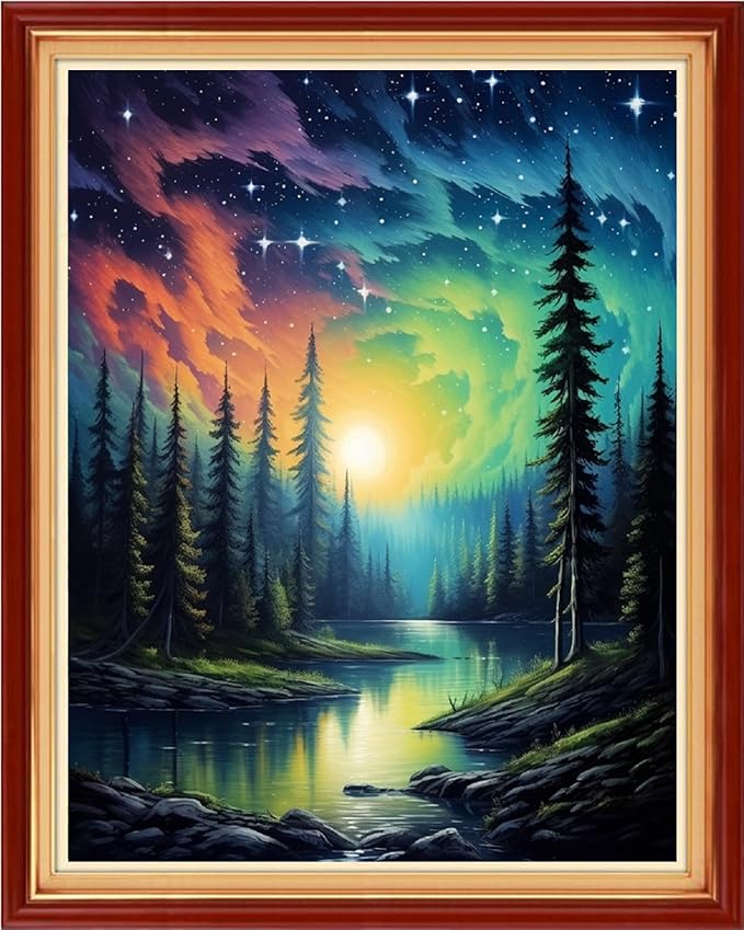 dimxvean stamped cross stitch kits,cross stitch kits for adults beginners,embroidery kits full range of cross stitch stamped kits needlepoint kits cross stitch patterns-forest aurora 16x20 inch