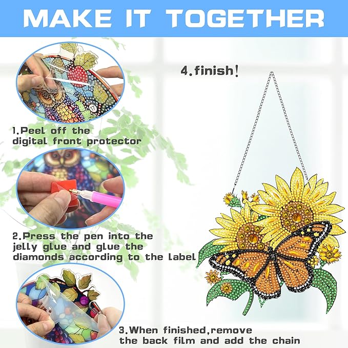 VAIIEYO Butterfly Diamond Painting Hanging,Sunflower Double Side Window Hanging Kit with Chain, 7.5x7.5 inch Crystal Pendant Art Craft for Gift Wall Front Door Decoration-2