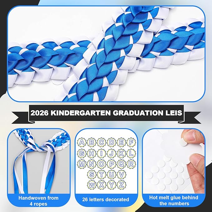 Juexica Kindergarten Graduation Ribbon Leis Class of 2026 Braided Necklace Making Kit with Alphabetic Decorative Cards Preschool Kids Grad Graduation Party Gifts(Blue, White)