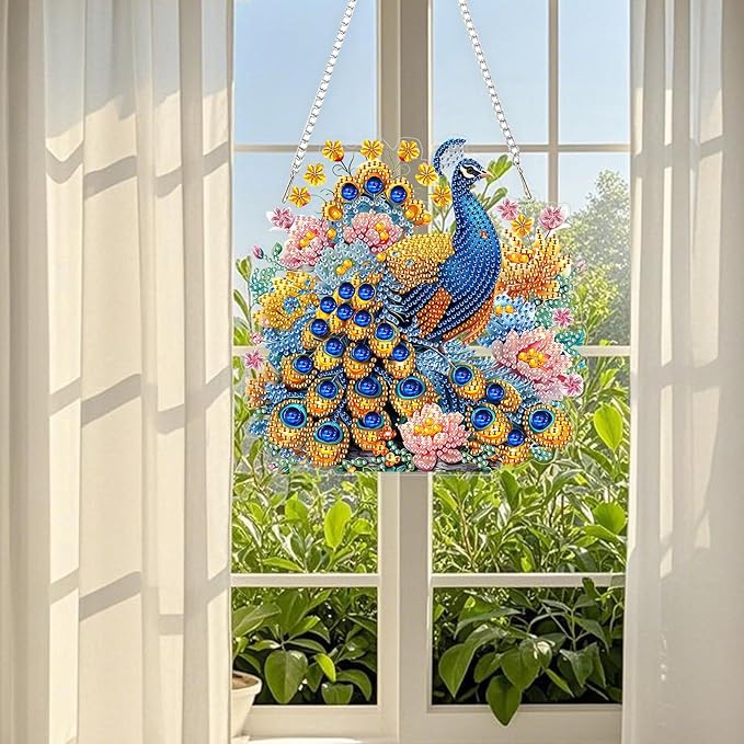 TOSTOG Elegant Peacock Diamond Art Pendant Kit for Adult, Flower Diamond Painting Hanging Kit for Beginners, 5D DIY Crafts Gem Art, Waterproof Full Accessories for Home Decor Idea 20 * 20 cm/8 * 8 in