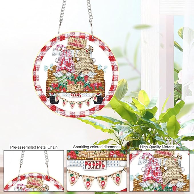 DIY 5D Diamond Painting Hanging Pendant Kit Special Shaped Diamond Dots Art Acrylic Ornaments, Pink Gnome Diamond Art Pendant for Adult Home Wall Window Decor Gift