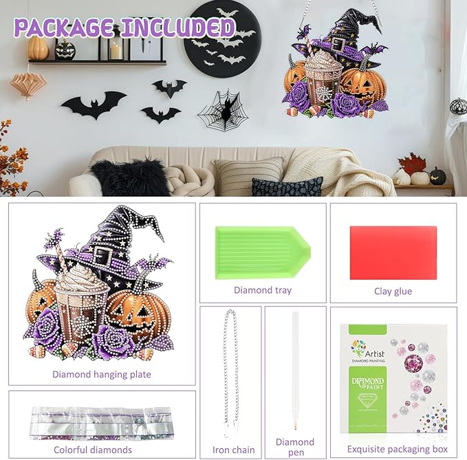 RICUVED Diamond Art Hanging Kit for Adult, Halloween Special Shaped Crystal Gem Craft Diamond Painting Pendant Kits for Adults Beginners, Pumpkin DIY Hanging Art Ornament Kit for Home Garden