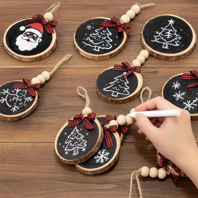 Sawysine 36 Pcs Wooden Christmas Ornament 2.8 to 3.2 Inch Craft Wooden Kit Natural Wood Slices with Round Natural Wood Beads and Buffalo Plaid Bow for Arts and Crafts Christmas Ornaments(Black)
