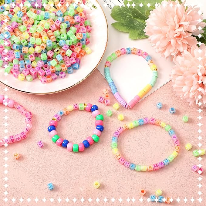 Augshy 1400pcs Glow in The Dark Square Acrylic Alphabet Beads Bracelet A-Z Cube Letters Beads for Bracelets Necklaces Phone Lanyard Making with 1 Roll Crystal String Cord for Jewelry Making(6 mm)