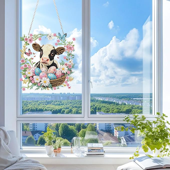 KEYIFA Cow Hanging Diamond Art Painting Kits for Adults and Kids Age 8-12, 5D Special Shape Diamond Dots Kit Easter Egg, Crystal Gem Painting Art Crafts for Window, Wall, Door, Garden Decor
