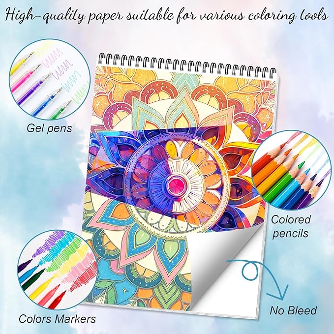 3Pcs Coloring Books for Adults Relaxation, Coloring Book Adult, Libros Para Colorear, Spiral Bound Printed On One Side, Mandala Coloring Book for Adults with 72 Patterns(Mandala & Butterfly & Wishing)