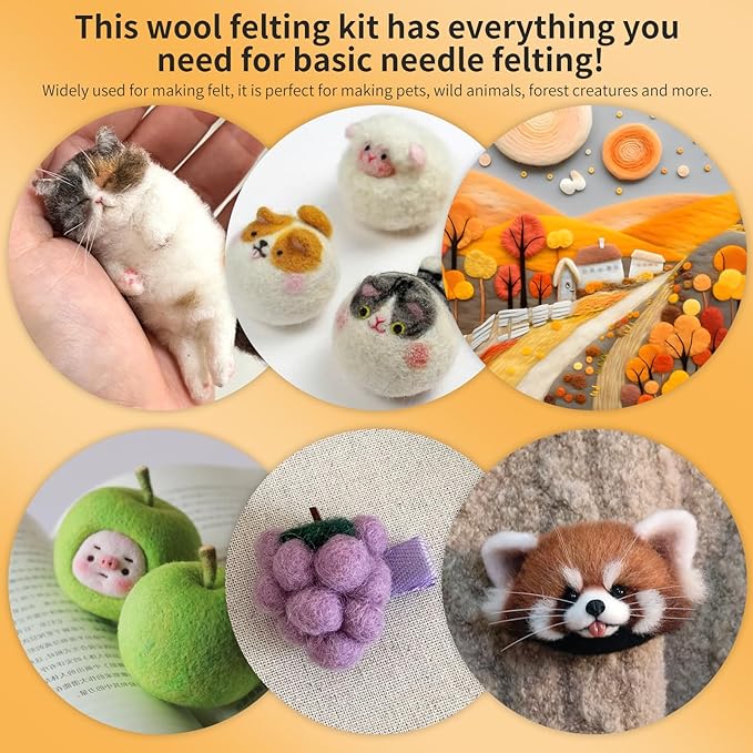 JUPEAN Needle Felting Kit, 24 Colors Wool Roving (5g/Color), Complete Needle Felting Starter Kit with Needle Felting Supplies Wool Fibre Spinning Craft Felting Kits for Beginners