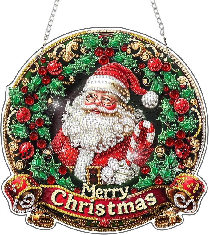 DOMROM Santa Diamond Art Hanging Kits for Adult Beginners, Christmas Special Shaped Crystal Diamond Painting Santa Pendant, DIY Diamond Art Suncatchers for Home Garden Wall Decor Gift