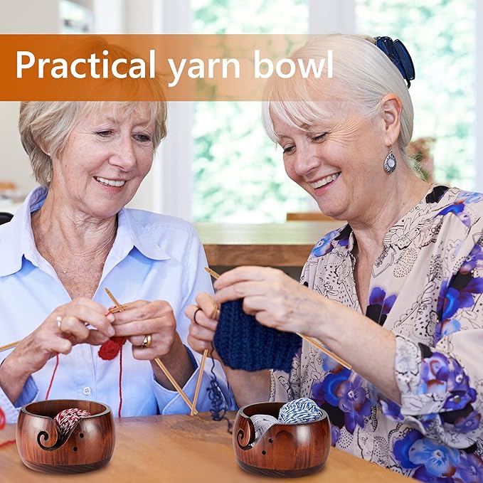 Patelai 6 x 6 x 3 Inch Wooden Yarn Bowls for Crocheting Round Knitting Wool Storage Yarn Bowl Handmade with Holes 12 Pieces Crochet Hooks for Knitting DIY Crafts Tools(Dark Brown)