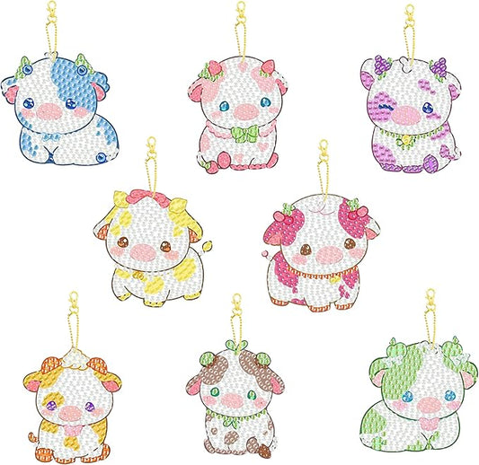 Masendp 8 Piece 5D DIY Cow Diamond Painting Keychain Set Fruit Cow Diamond Pendant Hanging Animal Art Decorations for Adult Beginner Pack Birthday Family Party Decoration