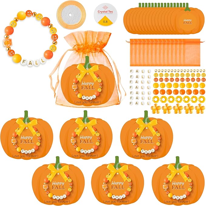 BeYumi Fall Bracelet Kit - 24 Pack Fall Letter Beads Friendship Bracelets with Pumpkin Gift Cards and Bags Autumn Thankful Kit Party School Classroom Party Fun Activities