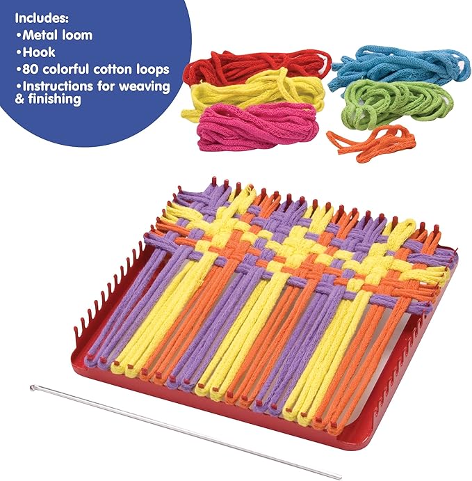Schylling Metal Pot Holder Loom Kit - Classic Durable Weaving Frame to Make Pot Holders - Includes Loom, Hook, Instructions, and 80 Colorful Cotton Loops - Ages 5 and Up
