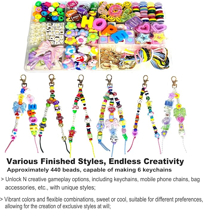ROPIKIS DIY Bead Keychain Making Kit, 440 PCS Craft Supplies with 6 Keychains, Acrylic Beads Football Rugby Heart Star Flower Letter Alphabet for Custom Key Chain Bag Charm Gift for Girls Women