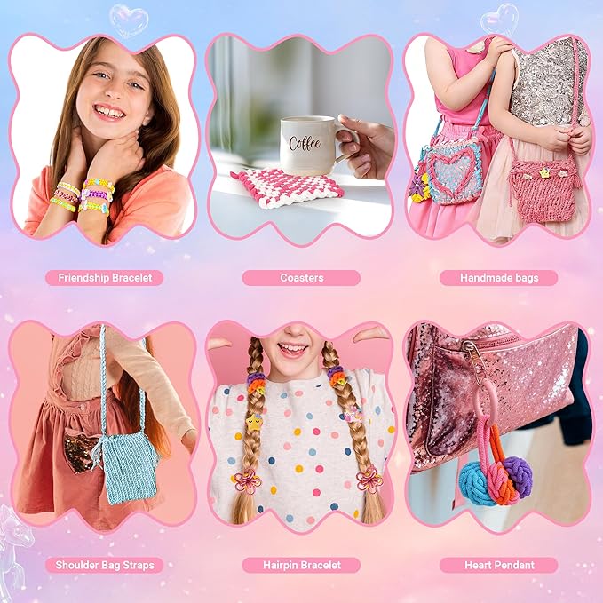 6-in-1 Friendship Bracelet Making Kit, 500+ PCS DIY Bracelet Kit with Weaving Loom, DIY Gifts Ideas for Girls Ages 8-12 Craft Maker Toys Set to Make Bracelets Potholders Pendants Bags Hats Scarves