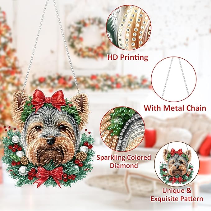 SENQAO Golden Retriever Diamond Art Hanging Kits for Adults Kids, Christmas Diamond Art Suncatchers, 5D Special Shape Diamond Painting Pendant Window Ornament Gifts for Home Garden Door Wall Decor
