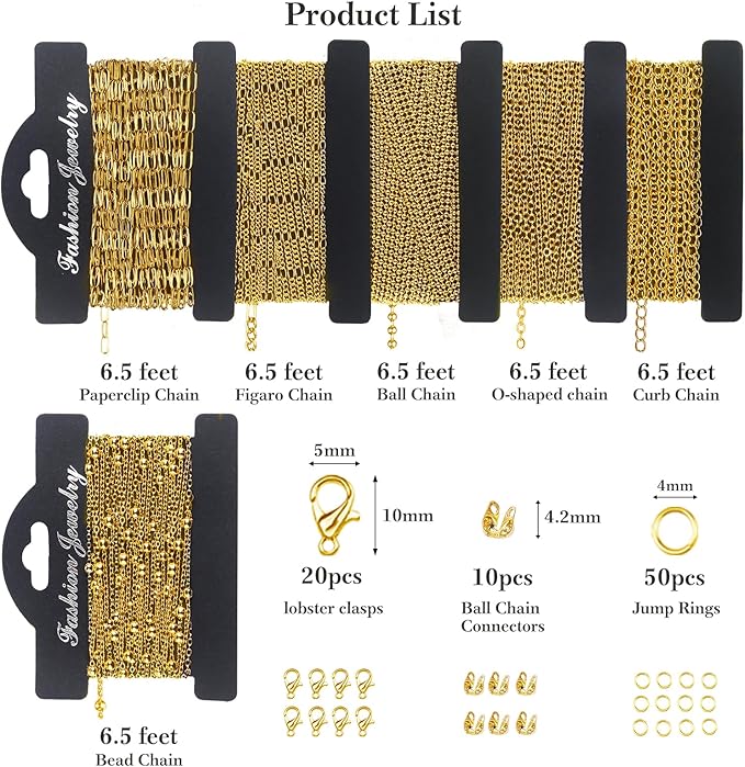 18k Gold Necklace Chains for Jewelry Making, 39.3 Feet 6 Rolls Bracelet Chains for DIY,6.5Feet Each Style, Gold Chain with Jump Rings/Lobster Clasps/Connectors
