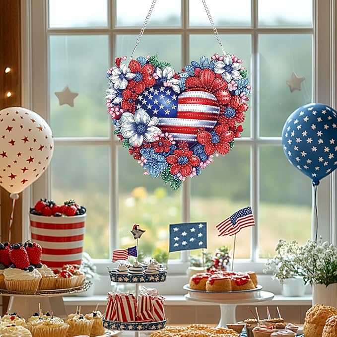 Bowetile 5D Patriotic Diamond Art Hanging Kits for Adults, Diamond Painting Heart Shape Flowers Pendant Kits, Special Shape USA Flag Gem Art Suncatcher Ornament for Home Window Wall Decor