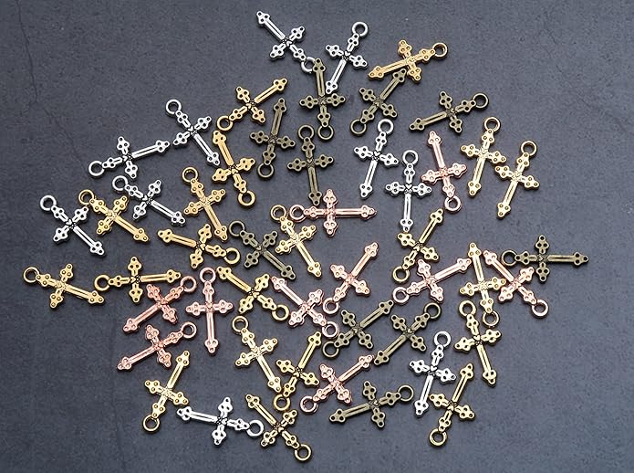 50 Pcs Vintage Crucifix Pendants Beading Charms with Hole Small Chic Elegant Metal Religious Bulk Cross for Jewelry Making Kit DIY Bracelet Necklace Earring Keychain Accessories Supplies