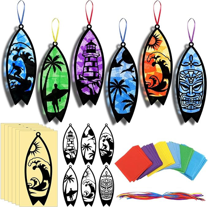 30 Pcs Beach Surfboard Suncatchers Paper Craft Set Sea Ocean Beach Surfboard DIY Stained Glass Effect Tissue Paper Kits Gift Bulk for Summer Activities Art Party Decor