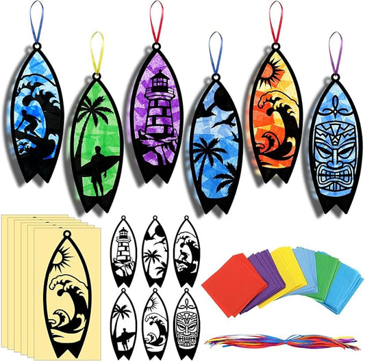 30 Pcs Beach Surfboard Suncatchers Paper Craft Set Sea Ocean Beach Surfboard DIY Stained Glass Effect Tissue Paper Kits Gift Bulk for Summer Activities Art Party Decor