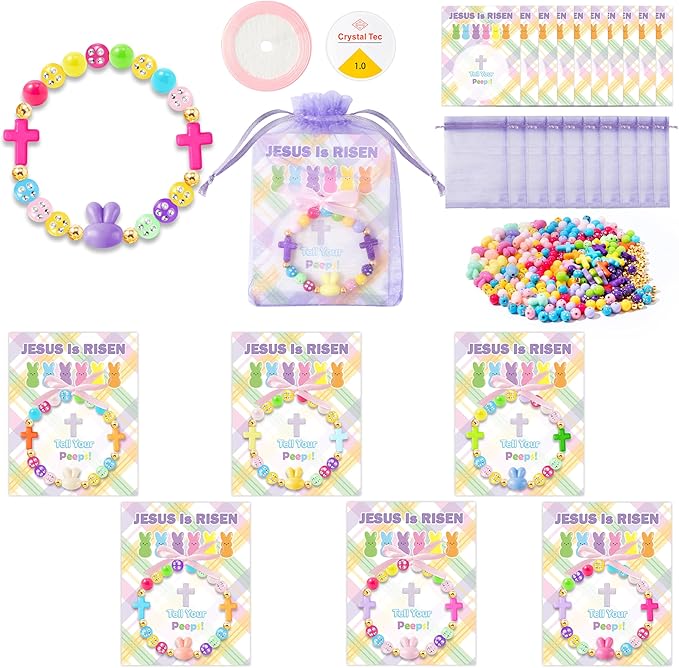 BeYumi Easter Bracelet Craft Kit - 24Pcs Pack Easter Christian Bunny Cross Beads Bracelets with Jesus Is Risen Gift Cards DIY Religious Faith Peeps Craft Kit Party School Classroom Fun Activities Kids