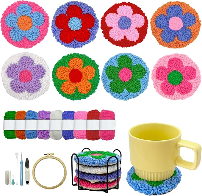 SEREDH Punch Needle Kit for Beginners Adults Easy Needle Punch Embroidery Set Including Threader Instruction Fabric Hoop Yarn Coaster DIY Making Kit Supplies,Set of 8 Flower Art Crafts Gifts