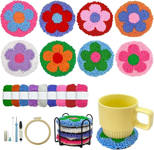 SEREDH Punch Needle Kit for Beginners Adults Easy Needle Punch Embroidery Set Including Threader Instruction Fabric Hoop Yarn Coaster DIY Making Kit Supplies,Set of 8 Flower Art Crafts Gifts