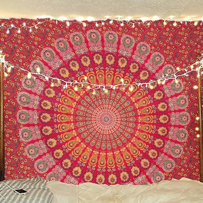 bless international handmade indian hippie bohemian psychedelic peacock mandala wall hanging college dorm beach throws table cloth bedding tapestry (golden red, queen(84x90inches)(215x230cms))