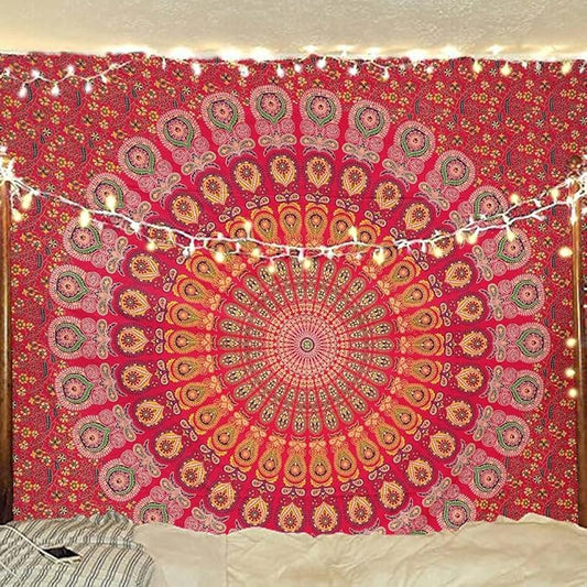 bless international handmade indian hippie bohemian psychedelic peacock mandala wall hanging college dorm beach throws table cloth bedding tapestry (golden red, queen(84x90inches)(215x230cms))