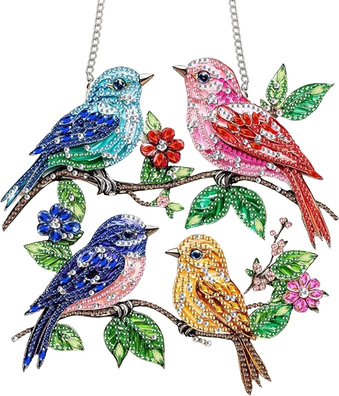 Bimkole Bird Diamond Art Hanging Kit for Adult, DIY 5D Branches Diamond Art Painting Window Pendant, Acrylic Crystal Art Hanging Ornament for Wall Home Garden Front Door Decor - 7.8x7.8 Inch