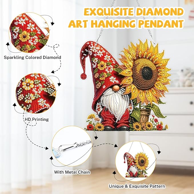 Bowetile Gnome Diamond Art Hanging Kits for Adults, 5D Special Shape Diamond Painting Sunflowers Pendant Kits, Gem Art Suncatchers Painting Window Ornament for Home Garden Wall Decor