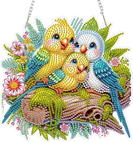 QENSPE Diamond Painting Art Hanging Kits for Adults, 5D Three Birds Diamond Paingting Ornaments with Chain, DIY Flowers Crystal Window Pendants for Home Wall Decor Double Sided Gift 8X8 inch