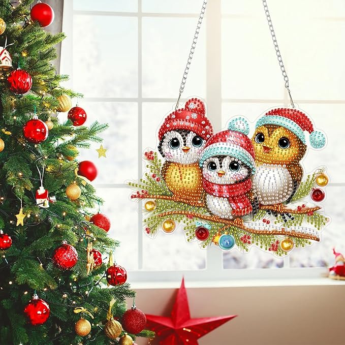 MEIYUDA Christmas Birds Diamond Art Hanging Kits for Adult, Cute Winter Birds Diamond painting Hanging Kits Ornaments, DIY Special Shaped Rhinestone Window Pendants kit for Home Garden Wall Decor Gift