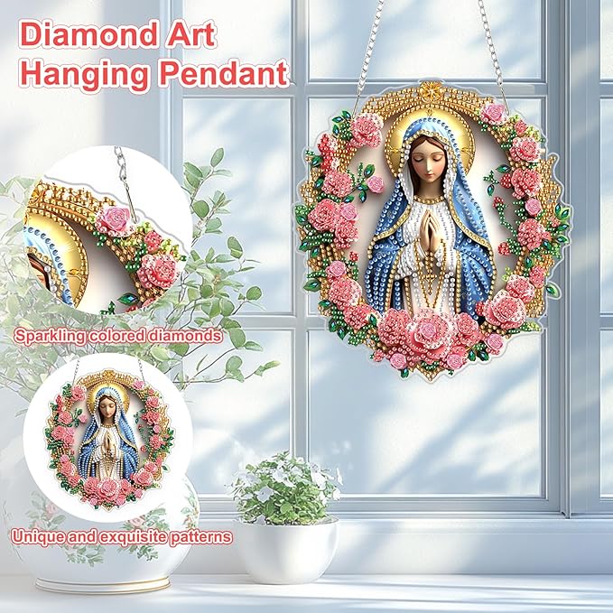 TOSTOG Diamond Art Hanging Kits for Adults, Virgin Mary Diamond Painting for Adults Window Pendant, Flower Special Shape Diamonds Diamond Painting Hanging Pendant Kit for Wall Home Decor Gift