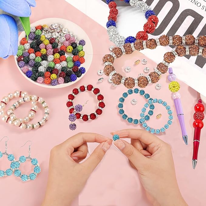 508pcs Rhinestone Handcrafted Beads, Including 264pcs Disco Ball Clay Rhinestone and 120pcs Spacer Beads Necklace Jewelry Making,DIY Shambhala Disco (10mm Multicolor)