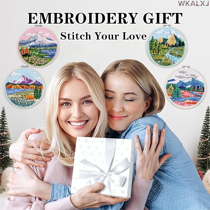 WKALXJ 4 Sets Embroidery Kits for Beginners to Advanced, Floral Cross Stitch Set, Needle Point Kits with Flower Stamped Patterns for Craft Lover Needlepoint Kits (Advanced Landscape)