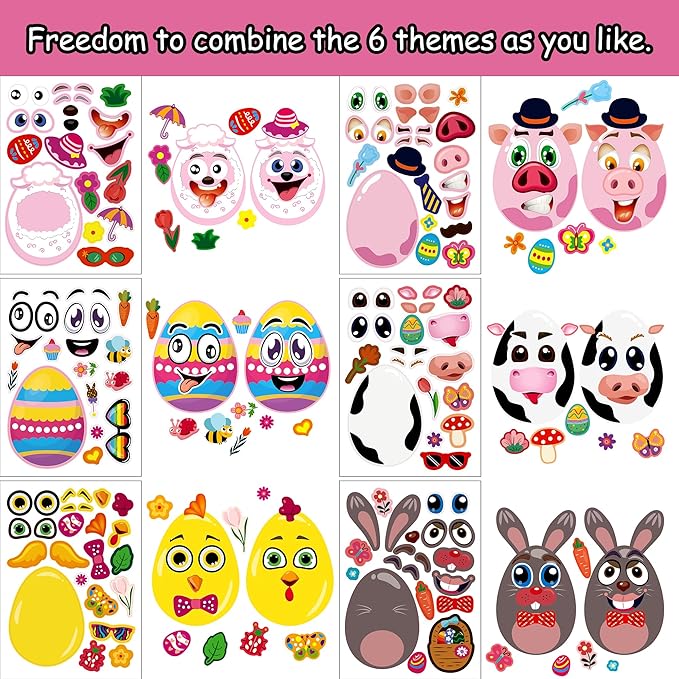 smilinfit 24 sheets easter stickers for kids toddlers, easter basket stuffers, make a face stickers crafts with eggs themed, kids party favor supplies decorations activities gifts for girls boys