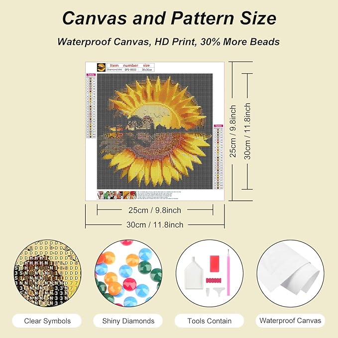 Domnpes Sunflower Diamond Art Kits for Adults, 5D Diamond Painting Kits for Beginners, DIY Round Full Drill Bead Craft for Home Wall Decor Gift 11.8x11.8 inch, Landscape