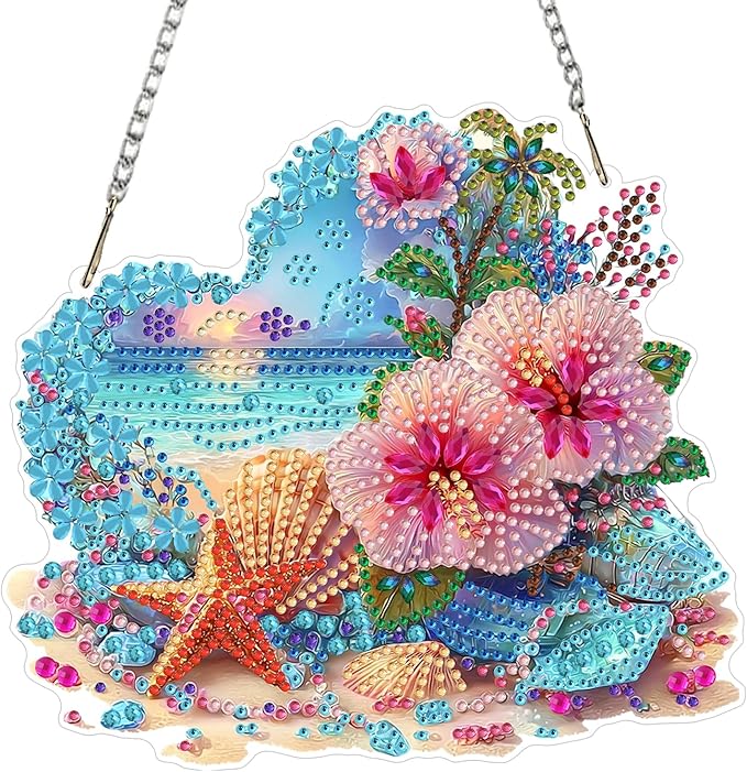AIRDEA Hanging Diamond Painting Kits Heart,Special Shaped Diamond Art Kits for Beginner Beach and Flowers Gem Art Pendant Decor,7.87x7.08in