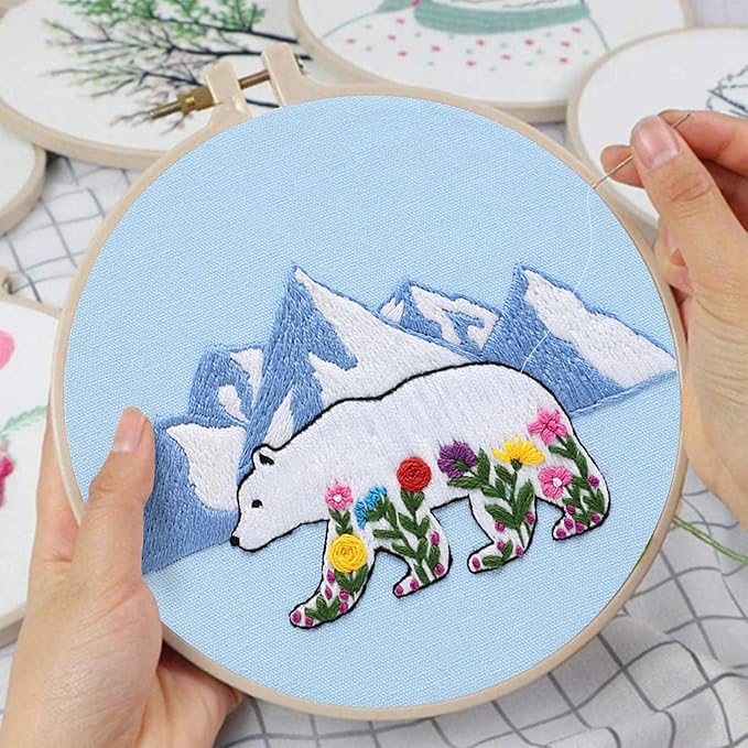 louise maelys embroidery kits for beginners,cross stitch kit for adults,diy needlepoint with glacial polar bear and flowers pattern