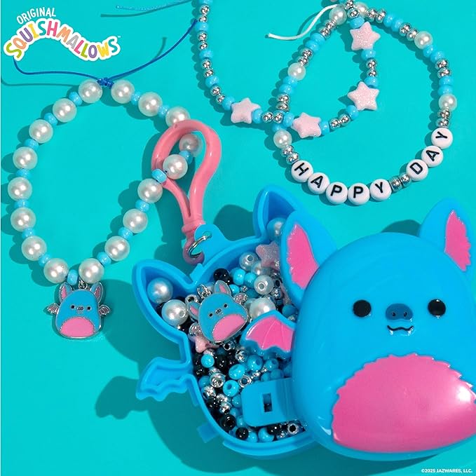 Original Squishmallows Boyle The Bat Bracelet Kit, Makes 3 Accessories, Fun Beads and Charms, Bonus Keychain, Friendship Jewelry Making Set, Gifts for Girls, Craft Kits, Arts and Crafts for Kids