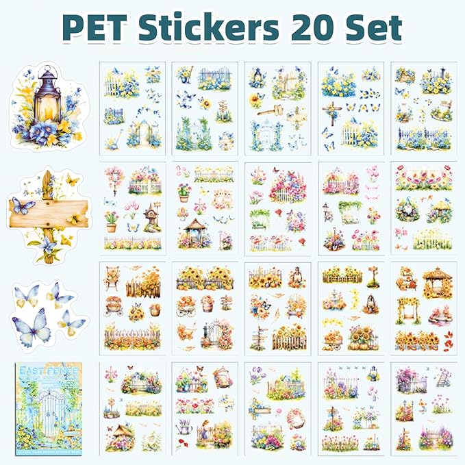 East Garden Sticker Scrapbooking Supplies for Junk Journal, 20 Sheets PET Stickers - Vintage Journaling Stickers, Ephemera Sticker Book Pre Cut(TZ-009-002)