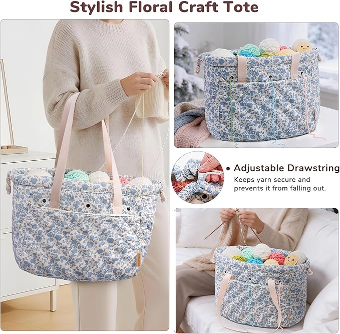MYBAGZING Portable Crochet Bag Organizer with Crochet Hook Organizer Roll, Quilted Yarn Storage Tote with Grommets, Knitting Project Bag for Yarn & Accessories, Floral Craft Tote Gift for Crocheters