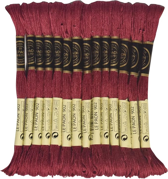 LE PAON Embroidery Floss, 14-Pack Six Strands 100% Long Staple Cotton Embroidery Thread, 8.7-Yard，Color Number：902, Very Dark Garnet